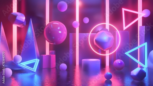 Surreal objects suspended in a neon atmosphere 3d style isolated flying objects memphis style 3d render AI generated illustration