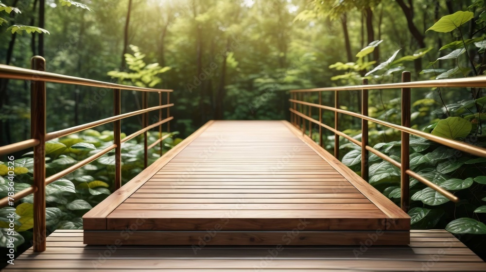 Obraz premium Wooden Bridge Crossing Forest Path. Generative AI