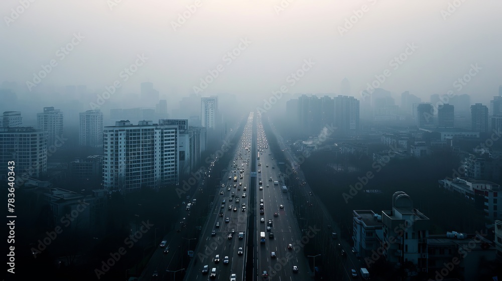 The city is shrouded in a perpetual haze of artificial smog   AI generated illustration