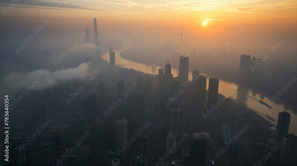 The city is shrouded in a perpetual haze of artificial smog   AI generated illustration