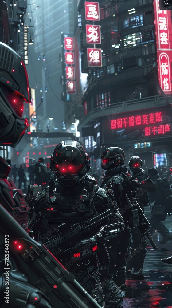 Naklejka premium The citys residents move with purpose their cybernetic enhancements enhancing their abilities AI generated illustration
