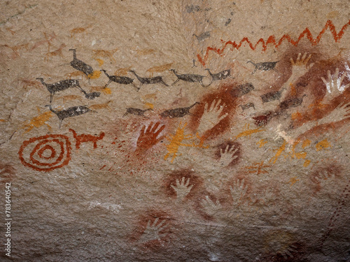 Fototapeta Naklejka Na Ścianę i Meble -  Cueva de los Manos or Cave of the Hands in Patagonia. It is a cave and complex of rock art sites in the province of Santa Cruz, Argentina. The cave is named for the hundreds of paintings of hands. 