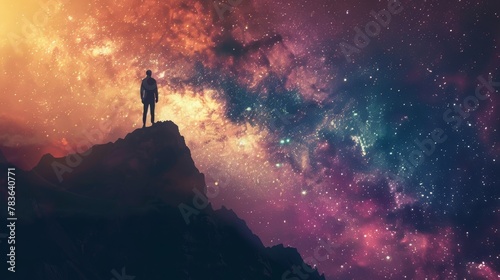 The silhouette of a lone explorer standing on the edge of a crater gazing out at the cosmos   AI generated illustration