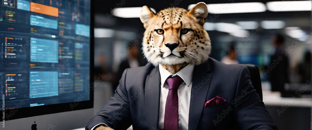 Cheetah wearing suits in an office, seated in front of a commanding monitor analyze complex data sets in real-time, with a digital interface overlaid onto the scene that high - obrazy, fototapety, plakaty 