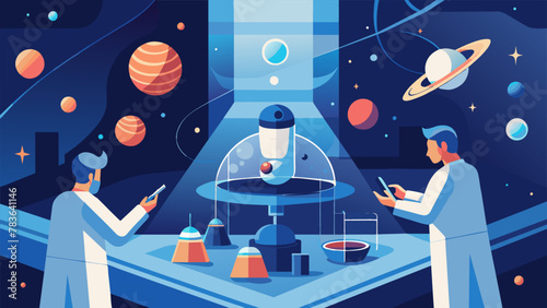 In a controlled laboratory suspended in the vastness of space scientists closely monitor the behavior of particles as they interact in the