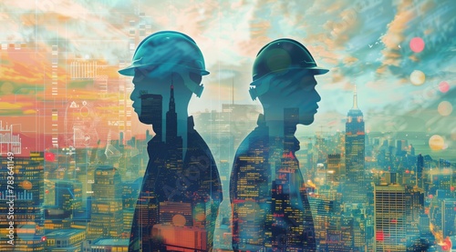 Modern conctruction industry background with construction workers human silhouettes wearing hardhat against urban multi storey megapolis city lights and buildings background