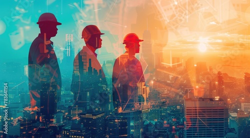 Modern conctruction industry background with construction workers human silhouettes wearing hardhat against urban multi storey megapolis city lights and buildings background photo