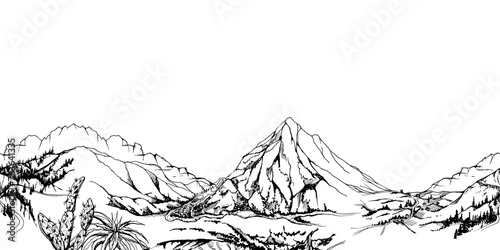 Hand drawn ink vector illustration  mountain landscape scenery Central South America cactus river farmland plane. Seamless banner isolated on white background. Design travel  vacation  brochure  print