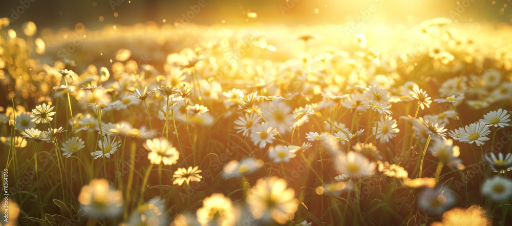 Beautiful daisies in the field at sunset. Nature background
