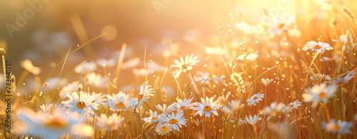 Beautiful daisies in the field at sunset. Nature background
