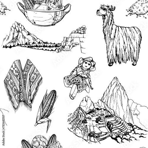 Hand drawn ink vector illustration, Peru symbols landscapes alpaca doll Machu Picchu corn maize embroidered poncho. Seamless pattern isolated on white background. Design travel, menu, brochure, print