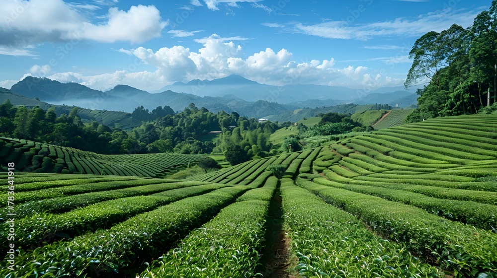 AI-generated illustration of tea bushes flourishing on a hillside