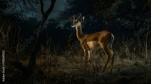 AI-generated illustration of an antelope in a nighttime wilderness setting by trees