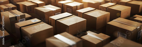 Cardboard Boxes on Ground Conveyor belt with multiple cardboard box packages in close-up, Cardboard Box Storage for Online Shopping, Express delivery with modern accounting and storage systems. 