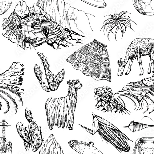 Hand drawn ink vector illustration, Peru symbols landscapes alpaca cactus Machu Picchu corn maize embroidered skirt. Seamless pattern isolated on white background. Design travel, menu, brochure, print