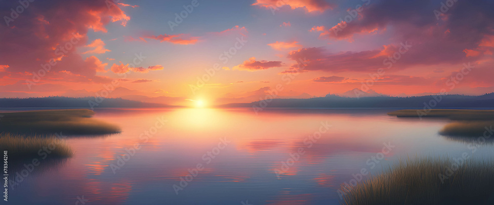 Sunset Reflections: A serene scene blending the warm hues of dusk with the calm waters of a lake, nestled amidst majestic mountains, background, banner