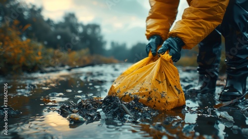 Focused individual in a yellow raincoat collects trash using a yellow bag on a rain-soaked, muddy beach, showcasing dedication to environmental care.