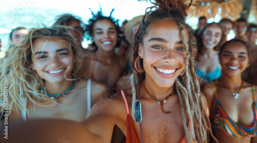 Vibrant beach scene showing a diverse group of friends taking a selfie. Their smiles radiate happiness and camaraderie under a bright summer sky.