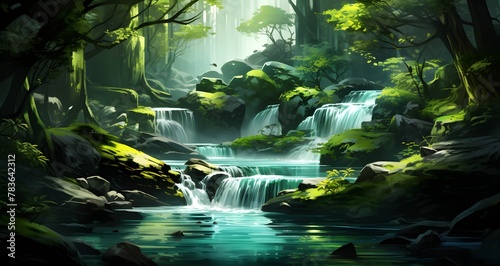 AI generated illustration of a beautiful waterfall cascading amidst rocks and trees