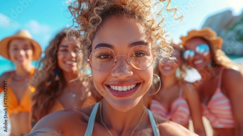Cheerful and diverse group of young women taking a selfie at the beach. Their smiles and vibrant swimsuits enhance the sunny, joyful atmosphere. © AS Photo Family