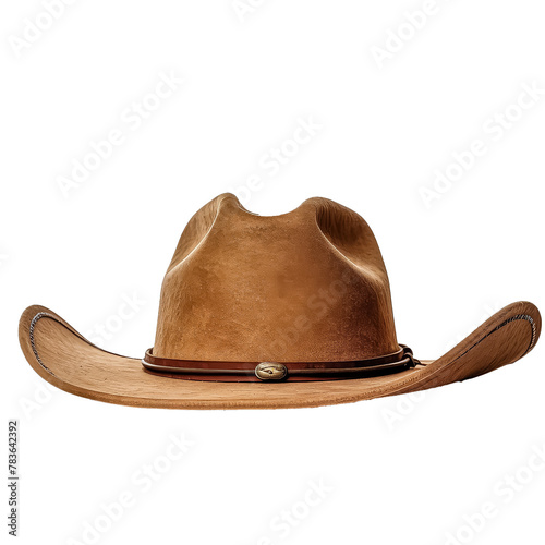 A brown cowboy hat with a black band