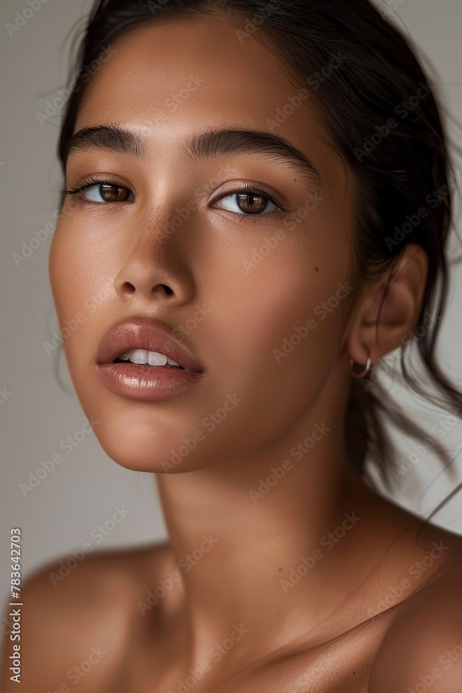 A close-up portrait of a young woman with curly hair showcasing natural beauty, soft lighting, and subtle freckles, highlighting her serene expression and flawless skin A close-up portrait of a young woman with curly hair showcasing natural beauty, soft lighting, and subtle freckles, highlighting her serene expression and flawless skin