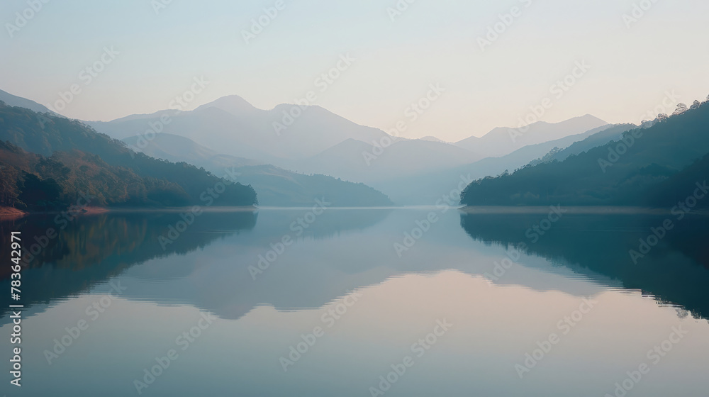 AI generated illustration of a tranquil lake at dawn with misty mountain range reflection