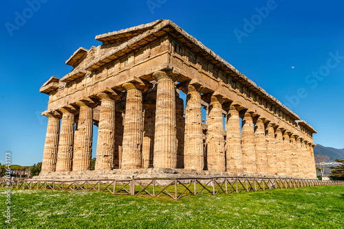 The ruins of the ancient city of Paestum. Ruins of a Greek city. Archaeological Museum of Paestum