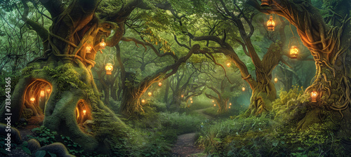 Fantasy forest with magical light  fog  old trees and fairy lights.
