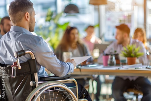 Man in a wheelchair reviewing documents at a table, AI-generated.
