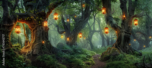 Fantasy forest with magical light  fog  old trees and fairy lights.