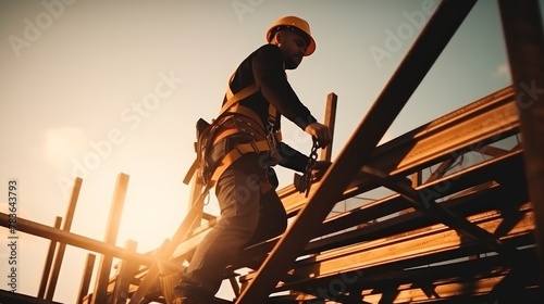 Asian builder in uniform and helmet stands under metal frames on unfinished bridge photo