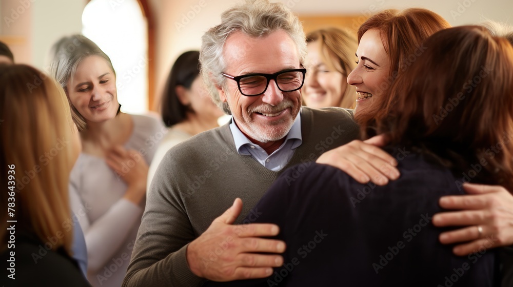 Positive people hug giving support to friends during group therapy meeting in studio Positive people hug giving support to friends during group therapy meeting in studio
