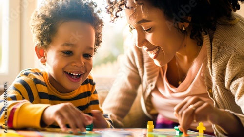 A mother and child playing a board game, their competitive spirits softened by shared laughter. photo