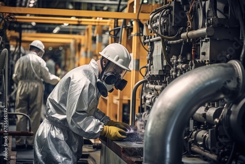 Workers in protective suits with respirators disassemble parts of equipment for production photo