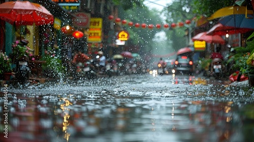 Vibrant urban street scene captures the essence of monsoon with colorful umbrellas, wet surfaces, and lively city atmosphere amid a rain shower.