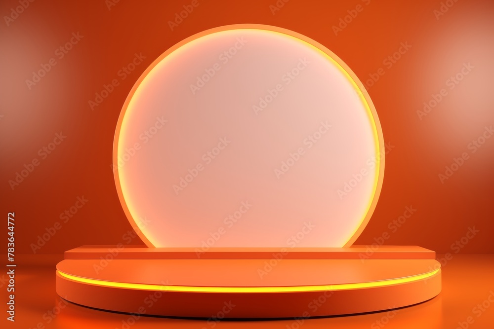 A minimalist orange display podium with a circular backdrop illuminated in soft light, created for an artistic presentation in a studio setting A minimalist orange display podium with a circular backdrop illuminated in soft light, created for an artistic presentation in a studio setting