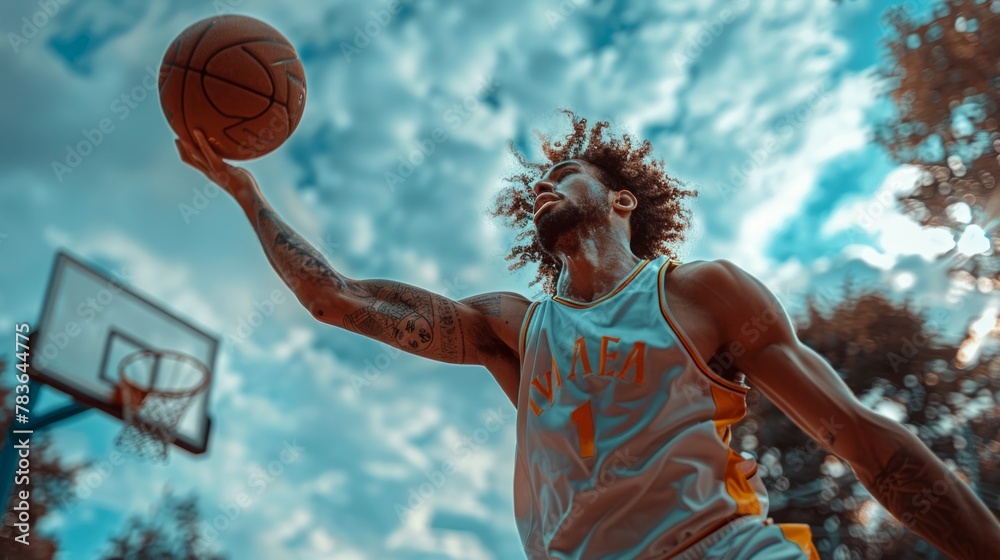A dynamic photo capturing african male basketball player in mid-air performing a powerful slam dunk in a street basketball court, showcasing athleticism and determination under a vivid sky.