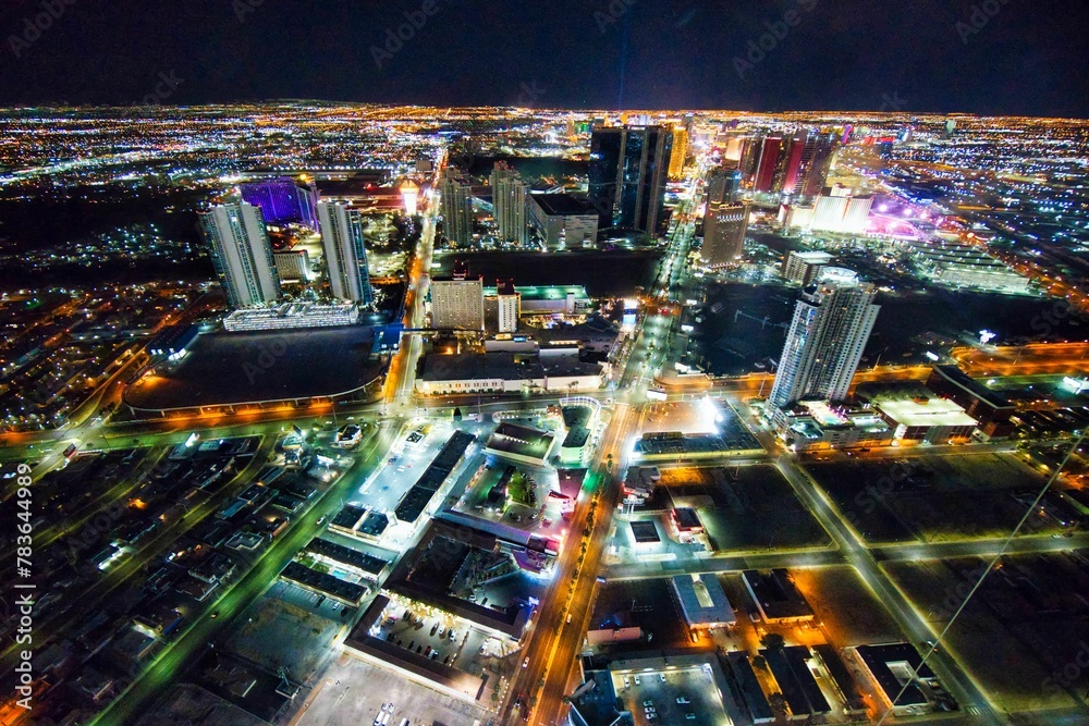 Aerial of the street lights of the cityscape of Las Vegas at night captured from an observation deck