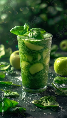 AI generated illustration of a green drink with cucumber and apple slices submerged in water