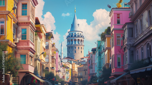 A crowded, narrow city street bustling with pedestrians, Galata Tower