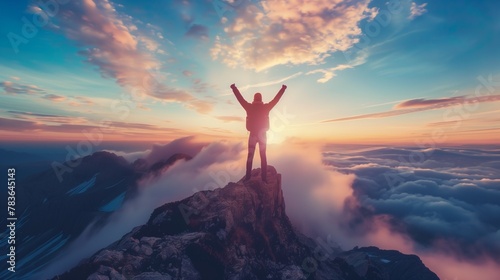 a person standing on top of a mountain with their arms in the air photo