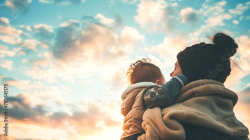 A mother and child sharing a blanket, watching the clouds and finding shapes in their fluffy expanse.