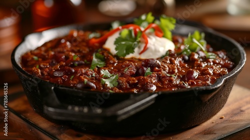 A cast iron skillet sizzling with a rich red chili con carn photo