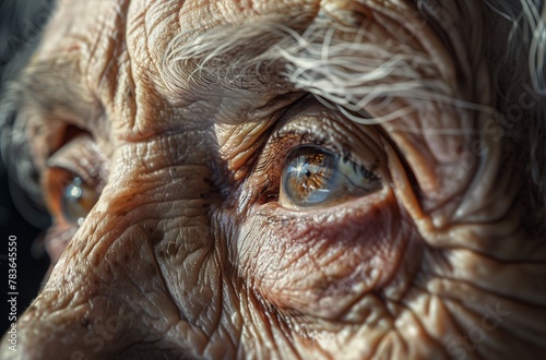 the face of a person with long grey hair  close up  and slightly turned