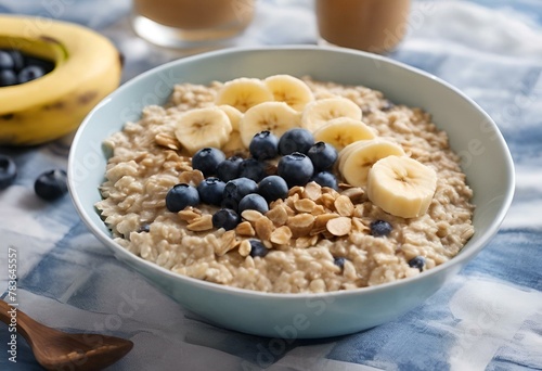 a bowl of oatmeal topped with banana slices and blueberries