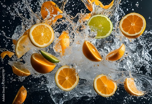 AI generated illustration of Slices of citrus fruit floating in the air being splashed by water