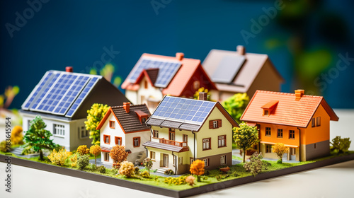 Miniature model residential, townhouse, downtown buildings install solar panels cells on the roof. Renewable solar wind power concept 