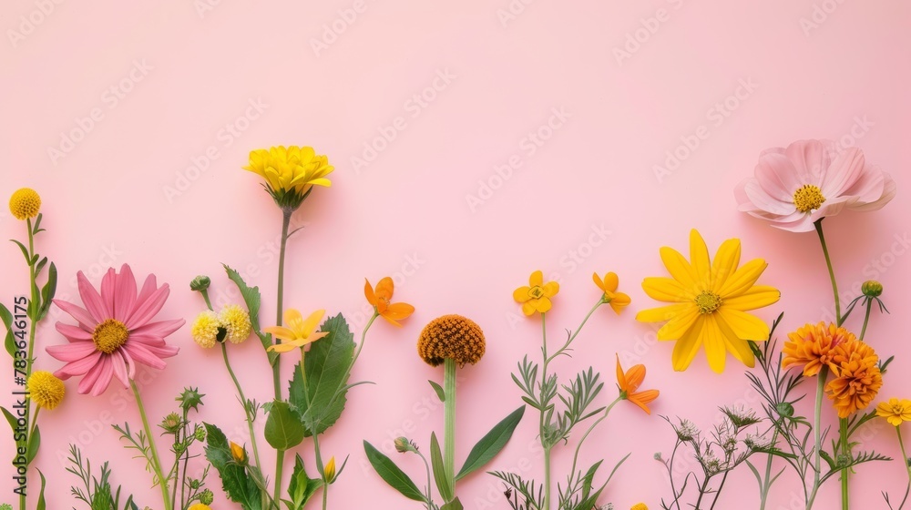 Colorful flowers on a light pink background - yellow and green tones - card background - spring design elements Colorful flowers on a light pink background - yellow and green tones - card background - spring design elements