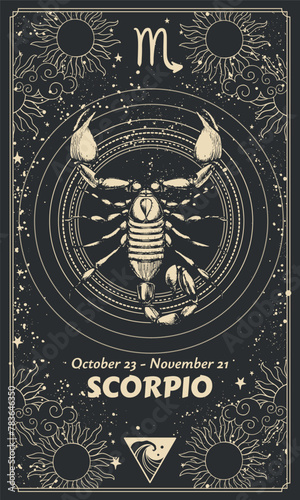Zodiac sign Scorpio, vintage card with symbols and dates. Mystical black card with realistic hand drawing, astrology vector illustration, horoscope, fortune telling. © Tanya